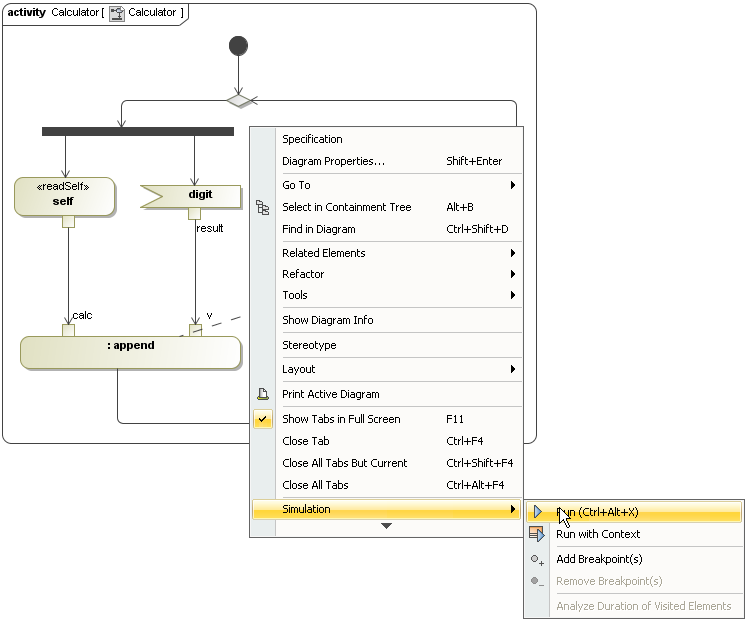 Running an Activity Diagram with the Context Menu