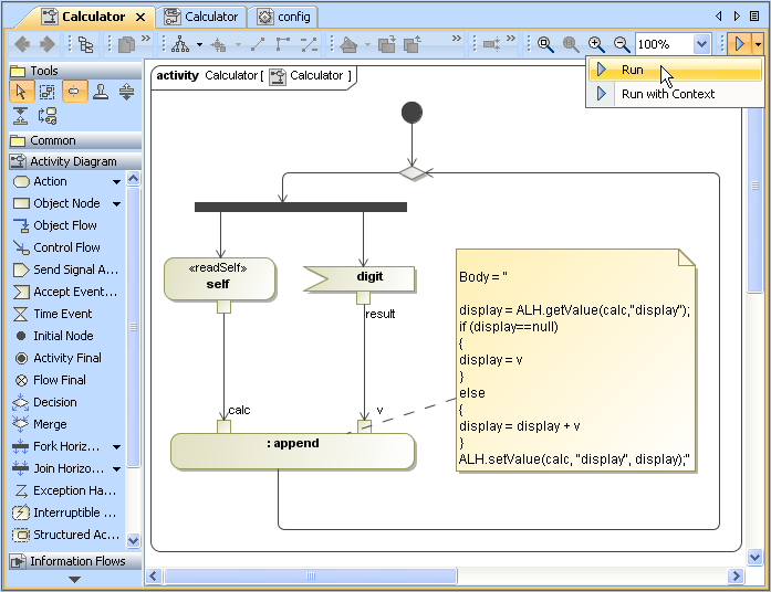 Running an Activity Diagram with the Run Button on the Toolbar