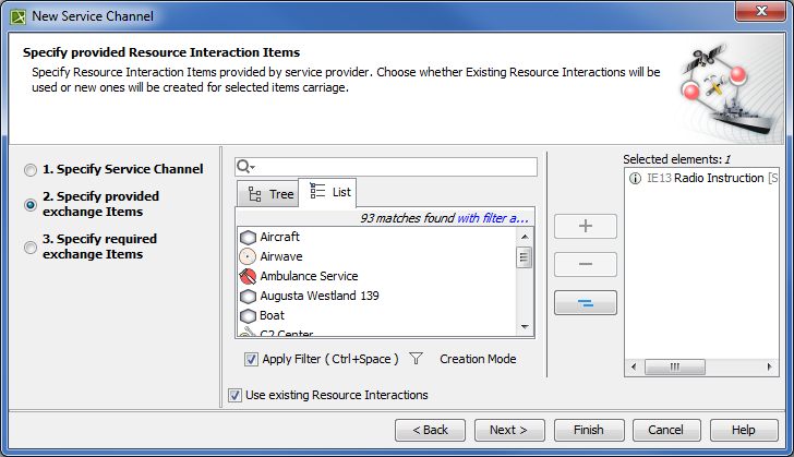 Specifying provided exchange Items in New Service Channel wizard