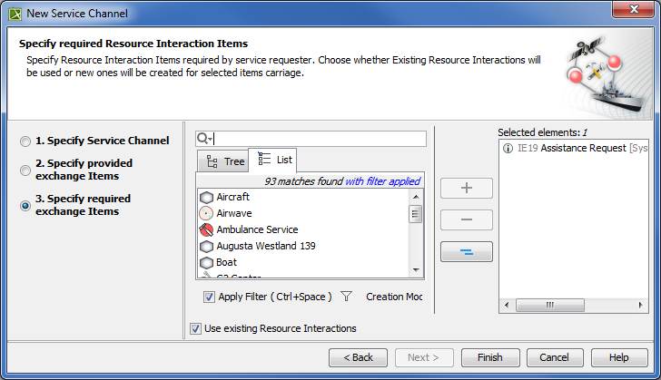 Specifying required exchange Items in New Service Channel wizard