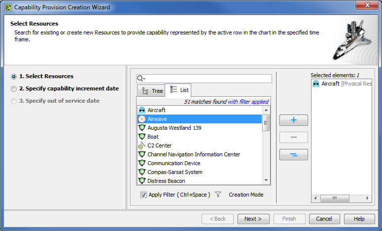 Selecting Resources in Capability Provision Creation Wizard
