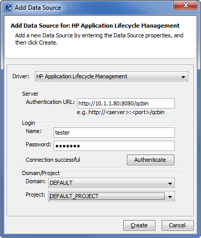 Add Data Source dialog for adding an HP ALM data source