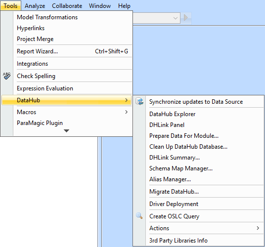 Cameo DataHub 19.0 SP1 > Synchronizing Requirements > DataHub Menu.png