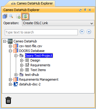 Cameo DataHub 19.0 SP1 > Synchronizing Requirements > data-sync-btn-on-explorer-tab.png (Synchronizing a Data Source using the Synchronize button in DataHub explorer) Synchronizing a Data Source using the Synchronize button in DataHub explorer