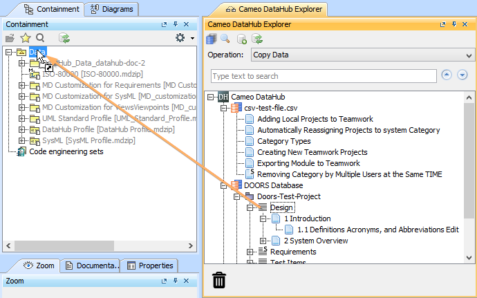 Drag and drop to copy requirements from DOORS data source to MagicDraw
