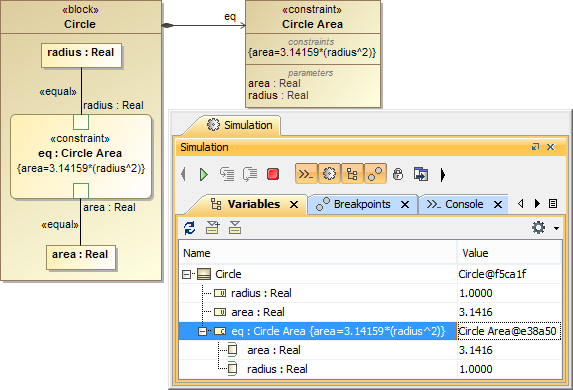 Cameo Simulation Toolkit 19.0 SP1 > Mathematical equation > equationSysml.png (Evaluating a Mathematical Equation in a SysML Model) Evaluating a Mathematical Equation in a SysML Model
