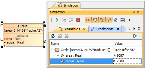 Cameo Simulation Toolkit 19.0 SP1 > Mathematical equation > equationUml.png (Evaluating Mathematical Equation on a UML Class) Evaluating Mathematical Equation on a UML Class