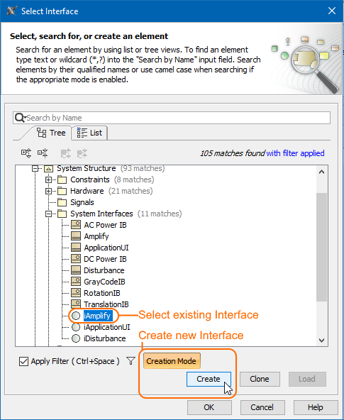 SysML Plugin 19.0 LTR SP1 > Provided and Required Interfaces > select_interface_dialog.png