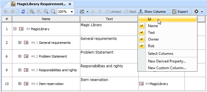 The Id column in the table can be hidden by clearing the check box near the Id option.