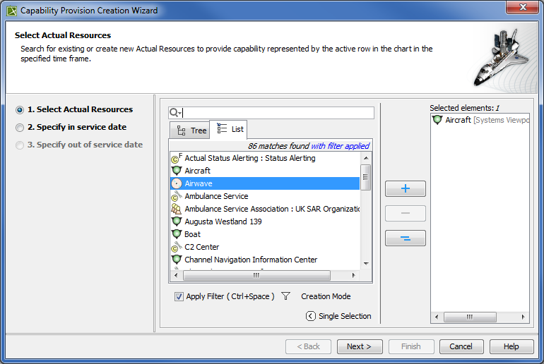Selecting Actual Resources in Capability Provision Creation Wizard