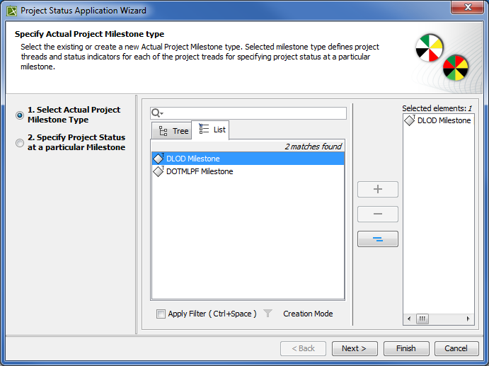 Selecting an Actual Project Milestone Type in Project Status Application Wizard