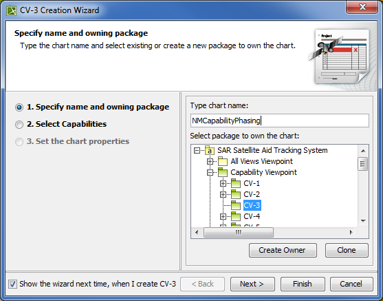 Specifying name and owning package in CV-3 Creation Wizard