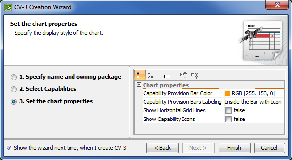 Setting the chart properties in CV-3 Creation Wizard