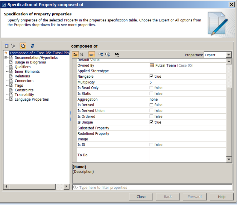 Property specification dialog