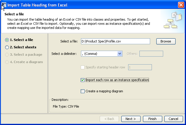 Importing Instance Specifications Using the Import Table Heading from Excel Wizard