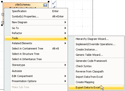 Export Data to Excel Context Menu of a Schema Class on the Diagram Pane