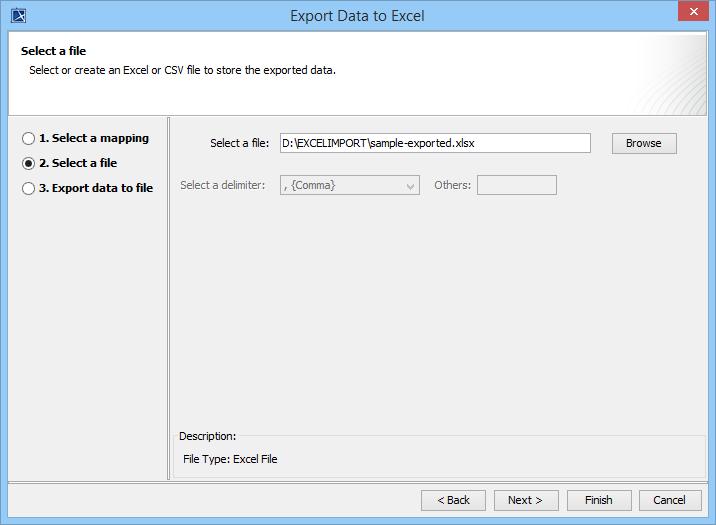 Second step of export data wizard - Select a file