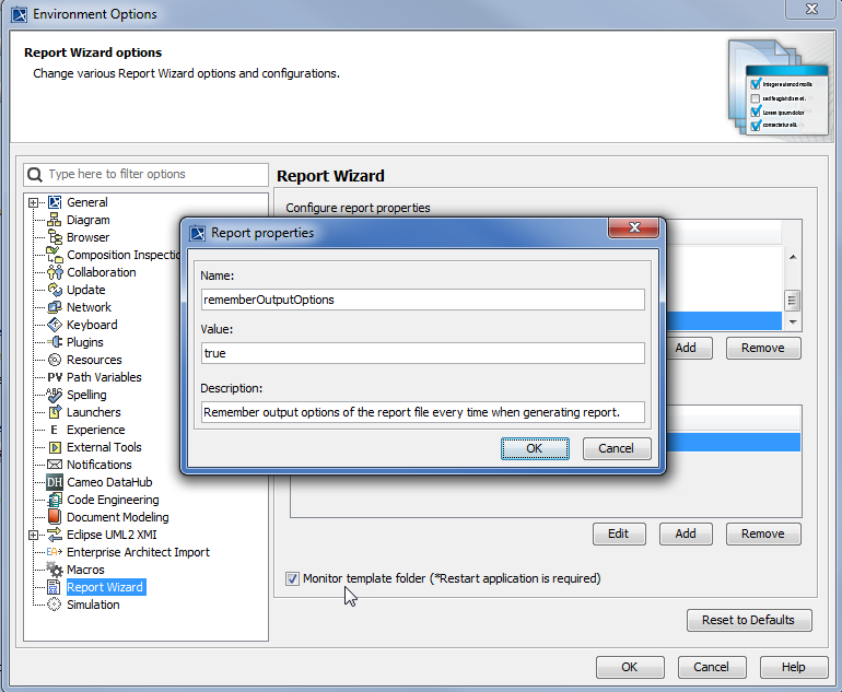 MagicDraw 19.0 LTR SP1 > Report Wizard environment options > env-options-b.png (Report Wizard Environment Options) Report Wizard Environment Options
