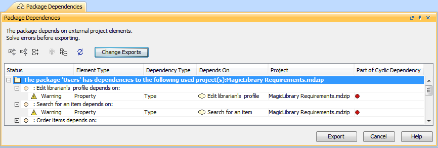 MagicDraw 19.0 LTR SP1 > Package Dependencies panel > package_dependencies_panel_exported_package.png