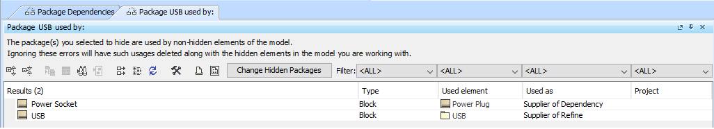 MagicDraw 19.0 LTR SP1 > Package Dependencies panel > usages_search_result_window.png