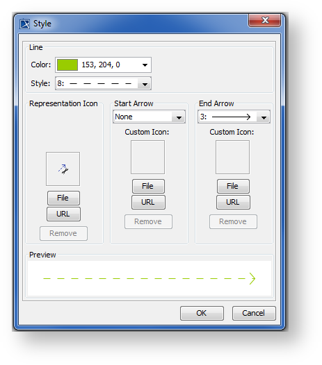 MagicDraw 19.0 LTR SP1 > Specifying relationship line styles > style_dialog_dm.png (Style Dialog) Style Dialog