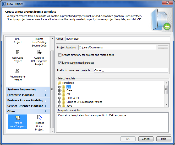 MagicDraw 19.0 LTR SP1 > Creating new projects from templates > creating_new_project_from_template.png (Creating a new project from template) Creating a new project from template