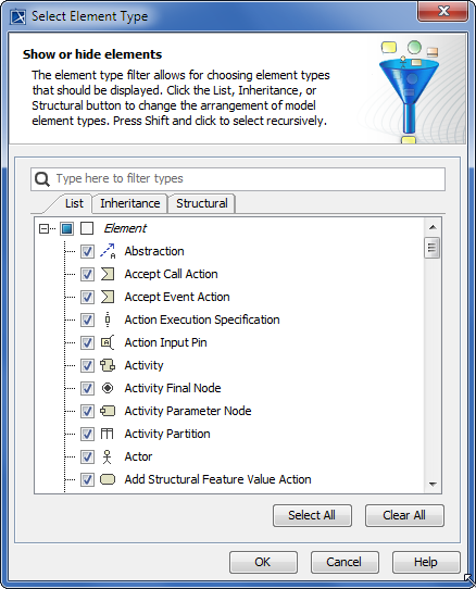 MagicDraw 19.0 LTR SP1 > Filtering > select_element_type.png (Select element type) Select element type