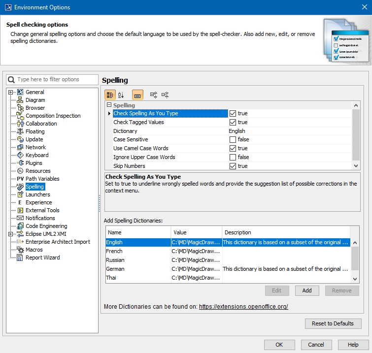 MagicDraw 19.0 LTR SP1 > Setting the spell checking options > environment_optins_spelling.png