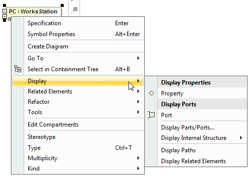 The Display command group menu allows to display Properties and Ports of the PC Part shape.