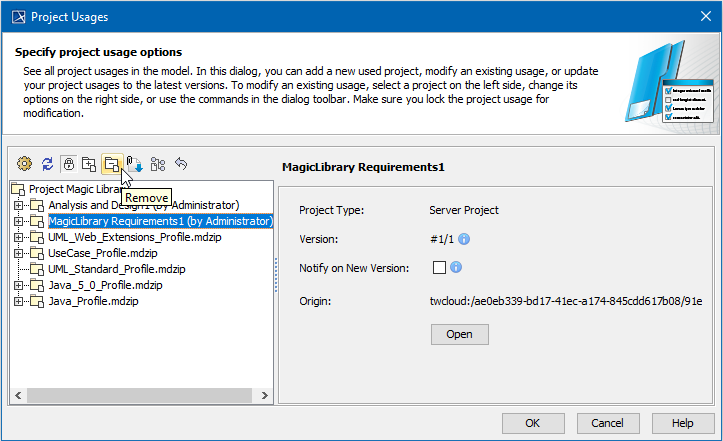 MagicDraw 19.0 LTR SP1 > Stop using the project in your project > project_usages_remove.png
