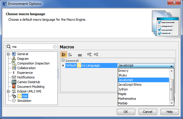 MagicDraw 19.0 LTR SP1 > Selecting a default macro language > macro-env-options-b.png (Selecting Macro Language) Selecting Macro Language