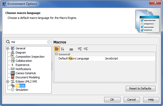 MagicDraw 19.0 LTR SP1 > Selecting a default macro language > macro-env-options.png (The Environment Options Dialog) The Environment Options Dialog