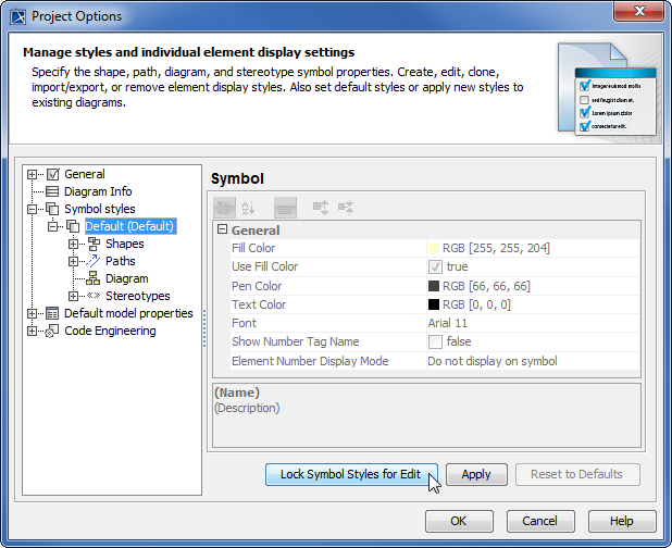 MagicDraw 19.0 LTR SP1 > Locking model for edit > Locking_symbol_styles_for_edit.png (Locking symbol styles via the Project Options dialog) Locking symbol styles via the Project Options dialog