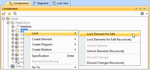 MagicDraw 19.0 LTR SP1 > Locking model for edit > locking_commands_on_shortcut_menu.png (Locking commands on the shortcut menu of the Package) Locking commands on the shortcut menu of the Package