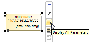 The Display All Parameters button on the smart manipulator toolbar of the Constraint Property shape typed by Boiler Water Mass Constraint Block.