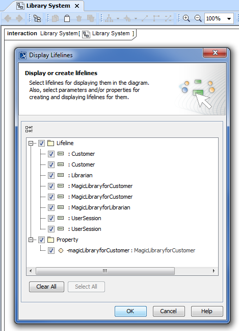 MagicDraw 19.0 LTR SP2 > Lifeline > display_lifeline_dialog_when_creating_new_communication_diagram.png (The Display Lifelines dialog opens automatically when creating a new Library System Communication diagram.) The Display Lifelines dialog opens automatically when creating a new Library System Communication diagram.