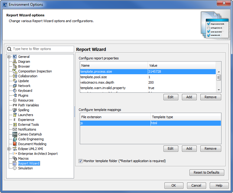 Report Wizard GUI Configuration in MagicDraw Environment Options Dialog
