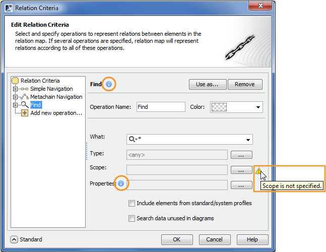 Tips and warnings helping to specify find options in Relation Criterion dialog