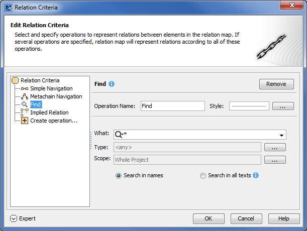 The example illustrates the Relation Criteria dialog (opened from a Relation Map) which allows you to select and define a Find operation.