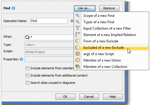 Creating a new Exclude operation by selecting the Excluded of a new Exclude command, which is highlighted in yellow (hover the mouse pointer over the command to see it's tool-tip).