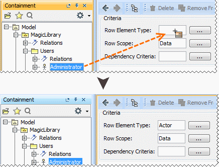 MagicDraw 19.0 LTR SP2 > Selecting criteria > Dep_matrix_DnD1.png (Using drag-and-drop operation to specify row element type) Using drag-and-drop operation to specify row element type