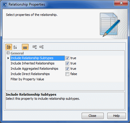 MagicDraw 19.0 LTR SP2 > Selecting criteria > relationship_properties_dialog.png (Relationship Properties Dialog) Relationship Properties Dialog