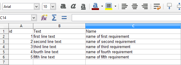 Sample Excel file used for importing requirements as SysML objects 