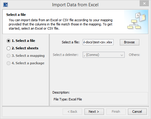Import Data from Excel wizard - step one - select Excel file