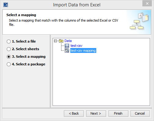 ImportData from Excel wizard - step three - select a mapping