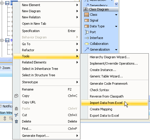 Importing Instance Specifications through the Context Menu