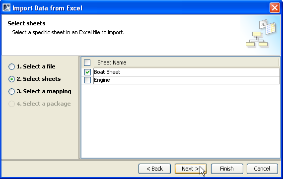 Selecting Sheets to Import Option Page