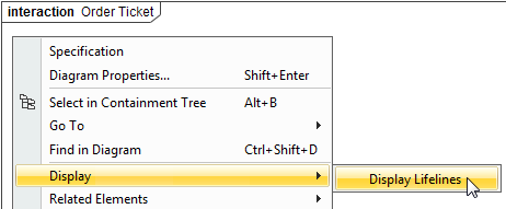 The  Display Lifelines command from the shortcut menu in the Order Ticket Sequence diagram.