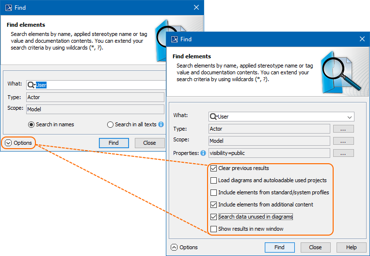 MagicDraw 19.0 LTR SP3 > Find dialog > find_dialog.png