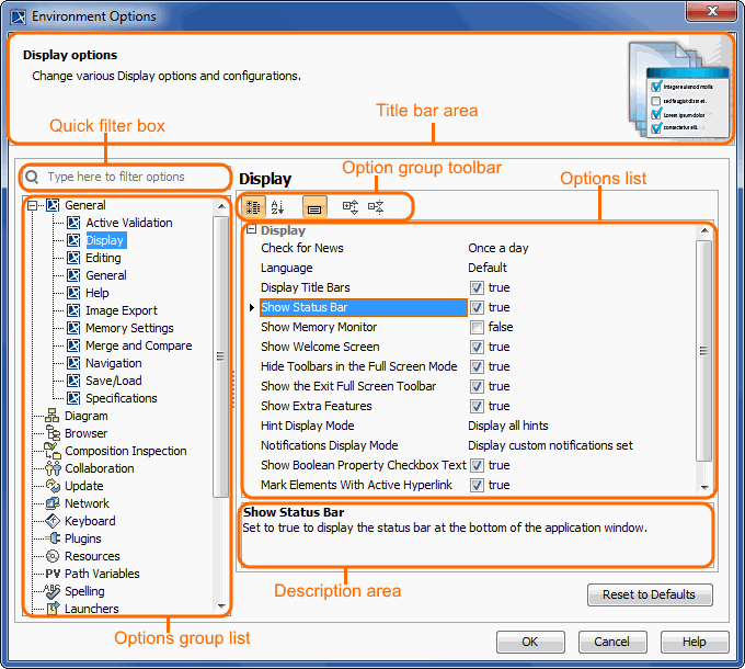 Structure of Environment Options dialog